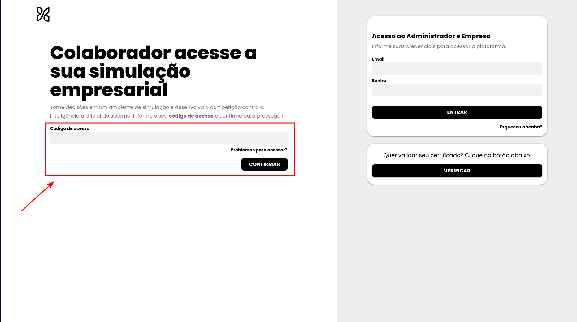 Home Page da Xskill Autônomo, com destaque no campo para inserção do código de acesso, à esquerda