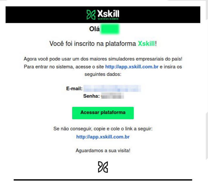 Modelo de e-mail contendo e-mail e senha para que o usuário realize o login na plataforma