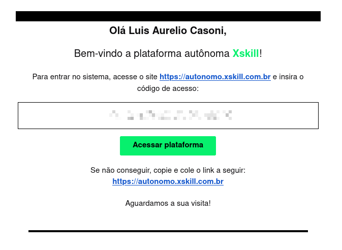 Modelo de e-mail contendo o código de acesso para fazer login na plataforma