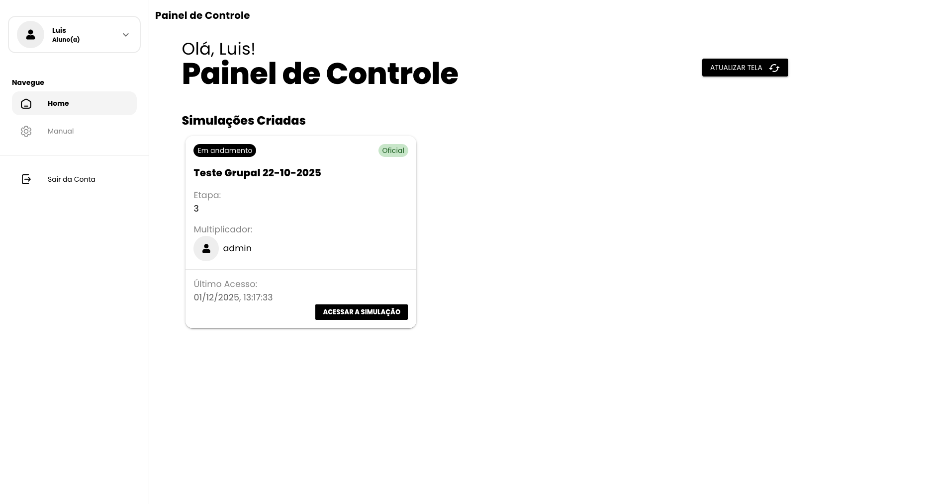 Tela com a listagem de simulações do usuário